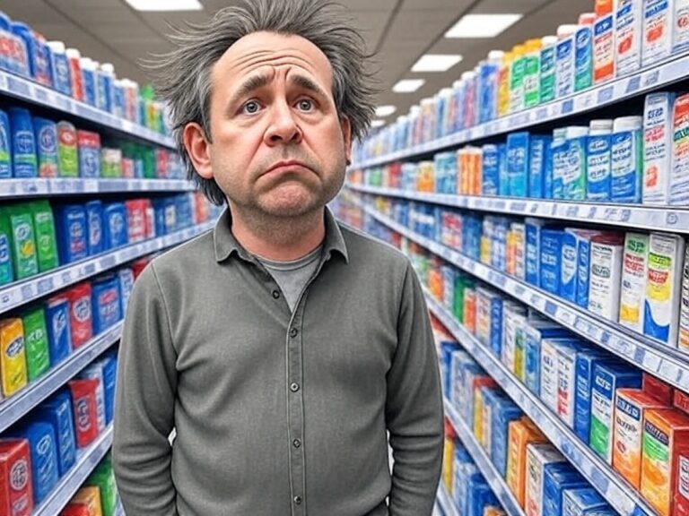 Personne confuse devant un rayon de dentifrices surchargé en supermarché