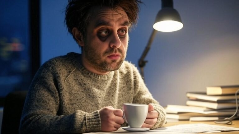 Écrivain insomniaque écrivant sous une lampe de bureau, tasse de café à la main.