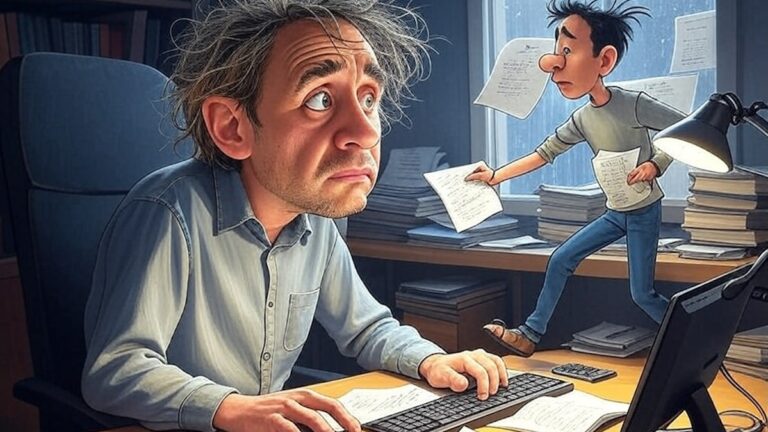 Un auteur désespéré face à son ordinateur, tandis qu’un personnage en dessin s’enfuit en courant avec le scénario sous le bras.