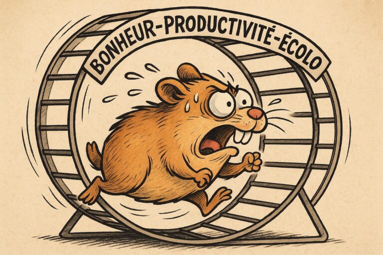 Hamster stressé courant dans une roue étiquetée « bonheur-productivité-écolo »