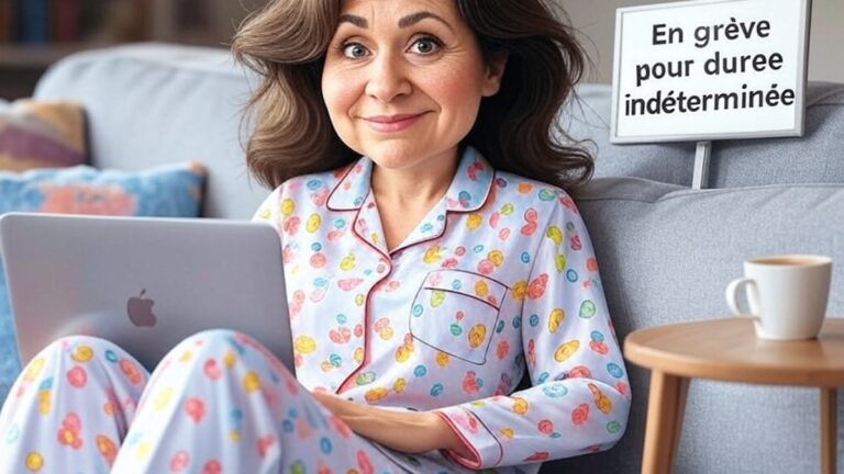 Une muse en pyjama, ordinateur sur les genoux, tasse de café et pancarte "En grève pour durée indéterminée".
