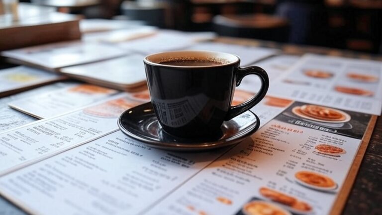 Tasse de café noir simple posée sur une table moderne encombrée de menus complexes et de prix exagérés.