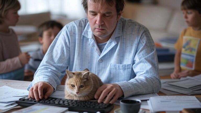 Télétravailleur en pyjama entouré d’enfants et d’un chat sur le clavier.