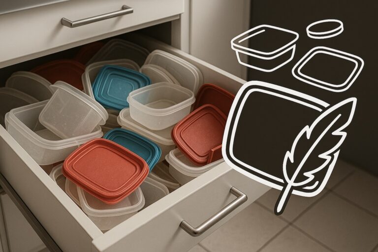 Tiroir débordant de Tupperware sans couvercles, symbole du chaos domestique.