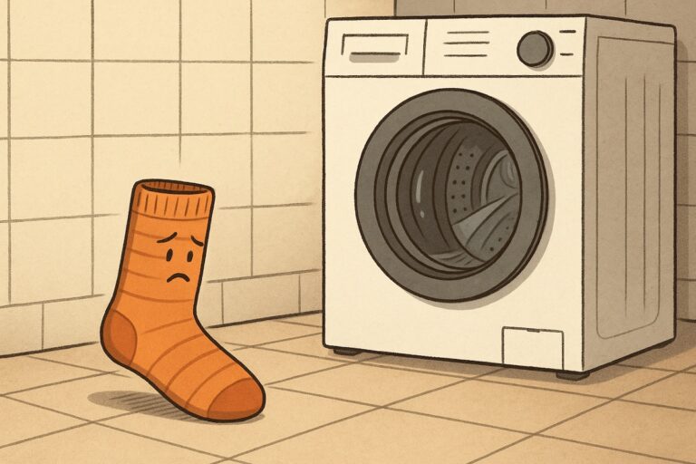 Illustration d’une chaussette orpheline regardant tristement le tambour de la machine à laver.