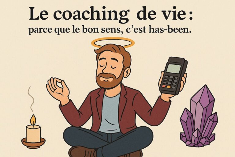 Illustration satirique d’un coach de vie avec une auréole et un terminal de paiement