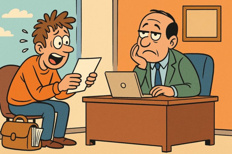 Illustration comique d’un auteur angoissé présentant son pitch à un éditeur blasé, dans un bureau au décor vintage, scène typique du monde éditorial