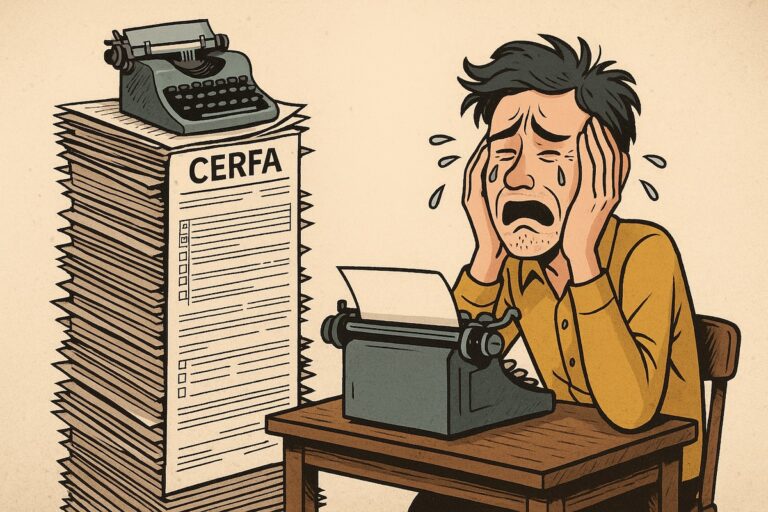 Une machine à écrire posée sur une pile de formulaires Cerfa, avec un écrivain qui pleure en silence.