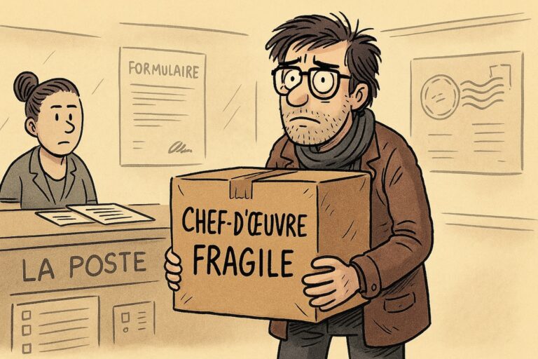 Un écrivain debout à La Poste, tenant un colis marqué "chef-d'œuvre fragile", regard vide, entouré de tampons et formulaires.