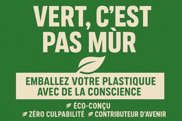 Affiche publicitaire verte avec slogan écologique absurde