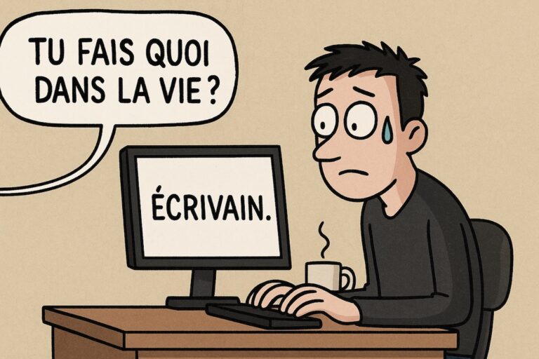 Une silhouette devant un écran vide, répondant à la question "Tu fais quoi dans la vie ?" avec une goutte de sueur sur le front.