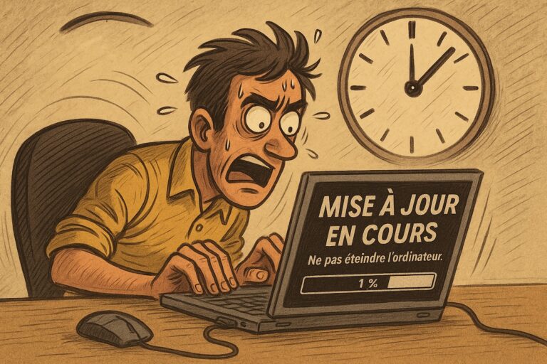 Un écrivain paniqué devant un écran affichant “Mise à jour en cours – 1 %”, pendant qu’une horloge géante tourne derrière lui.