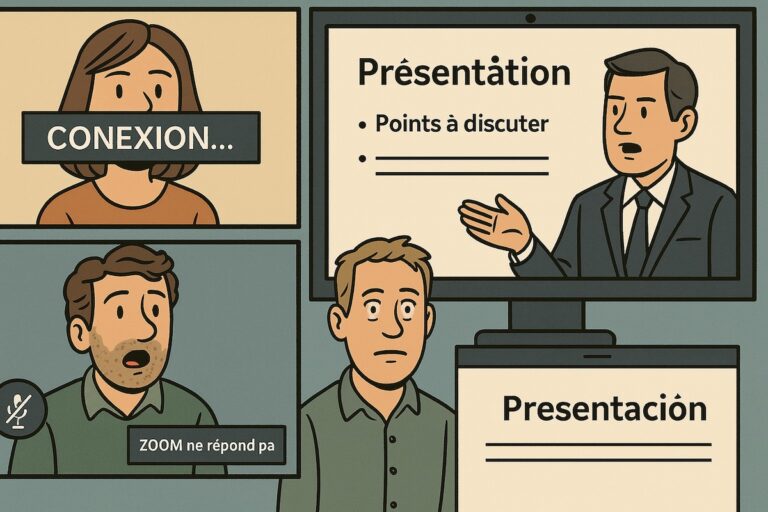 Participants d’une réunion Zoom figés par des bugs techniques, pendant qu’un PowerPoint inutile défile à l’écran