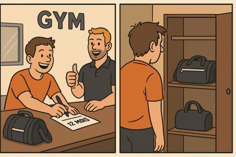 Abonné euphorique signant pour un an à la salle de sport, sac cadeau à la main, puis l’oubliant au fond d’un placard
